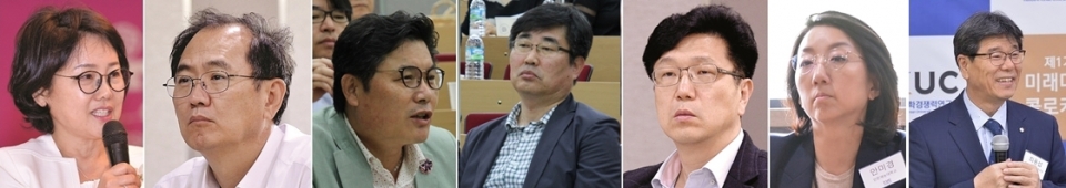 왼쪽부터 최미순 세한대 창의융합교육혁신원장, 이계철 군장대학교 부총장, 최재섭 남서울대 대학미래혁신위원회 위원장, 강문상 인덕대학교 교수, 이순구 한양여자대학교 기획조정처장, 안미경 인천재능대학교 창업진흥센터장, 최용섭 한국대학경쟁력연구원 원장.
